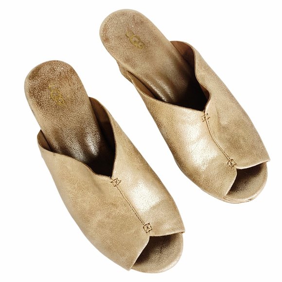 UGG Metallic Gold Cork Wedge Sandals Heel Peep Toe Women's Size 6 - Picture 7 of 11